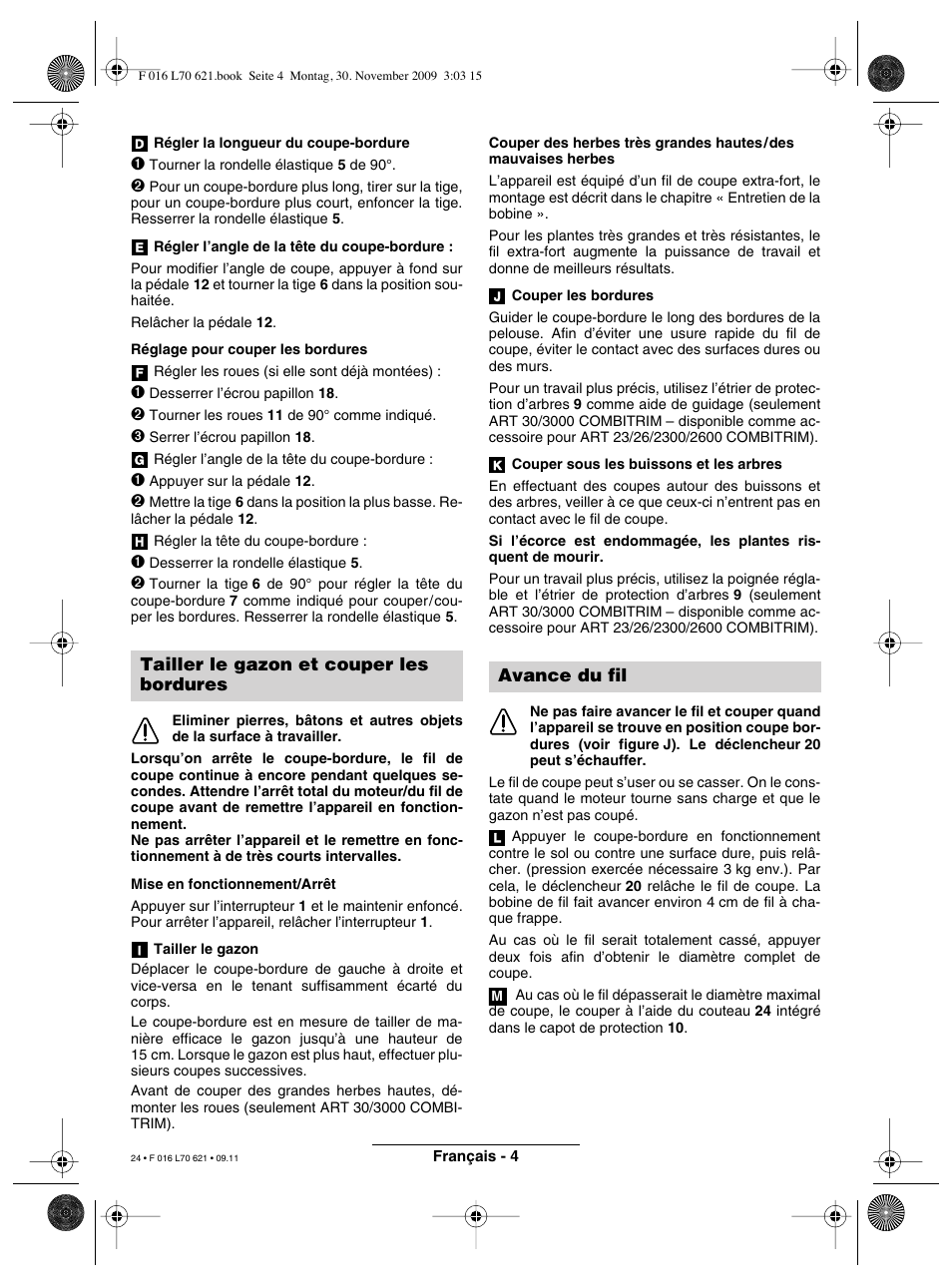 Tailler le gazon et couper les bordures, Avance du fil | Bosch ART 23 Combitrim User Manual | Page 24 / 194