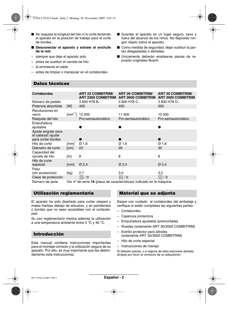 Datos técnicos | Bosch ART 23 Combitrim User Manual | Page 29 / 194