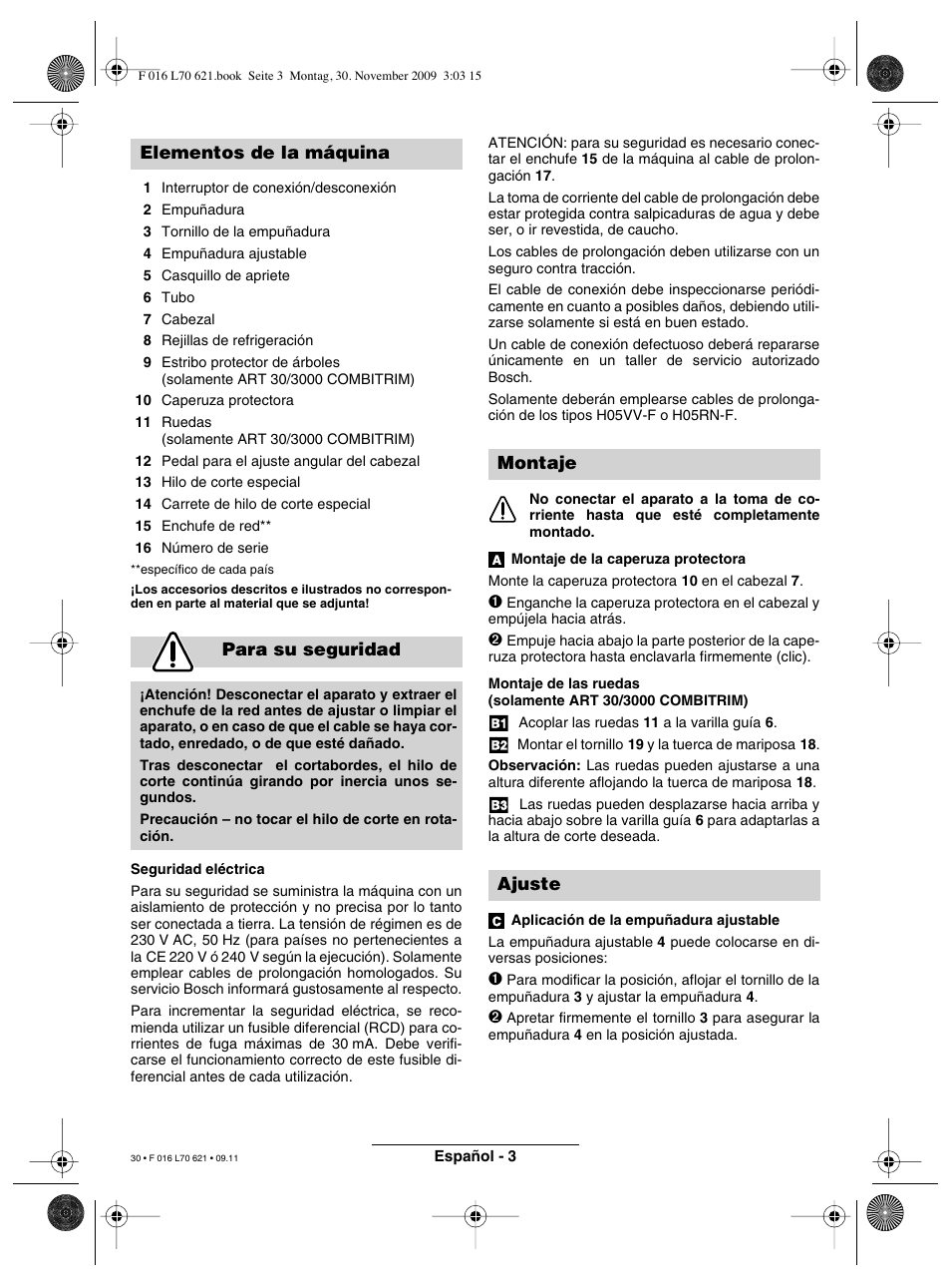 Elementos de la máquina para su seguridad, Montaje ajuste | Bosch ART 23 Combitrim User Manual | Page 30 / 194