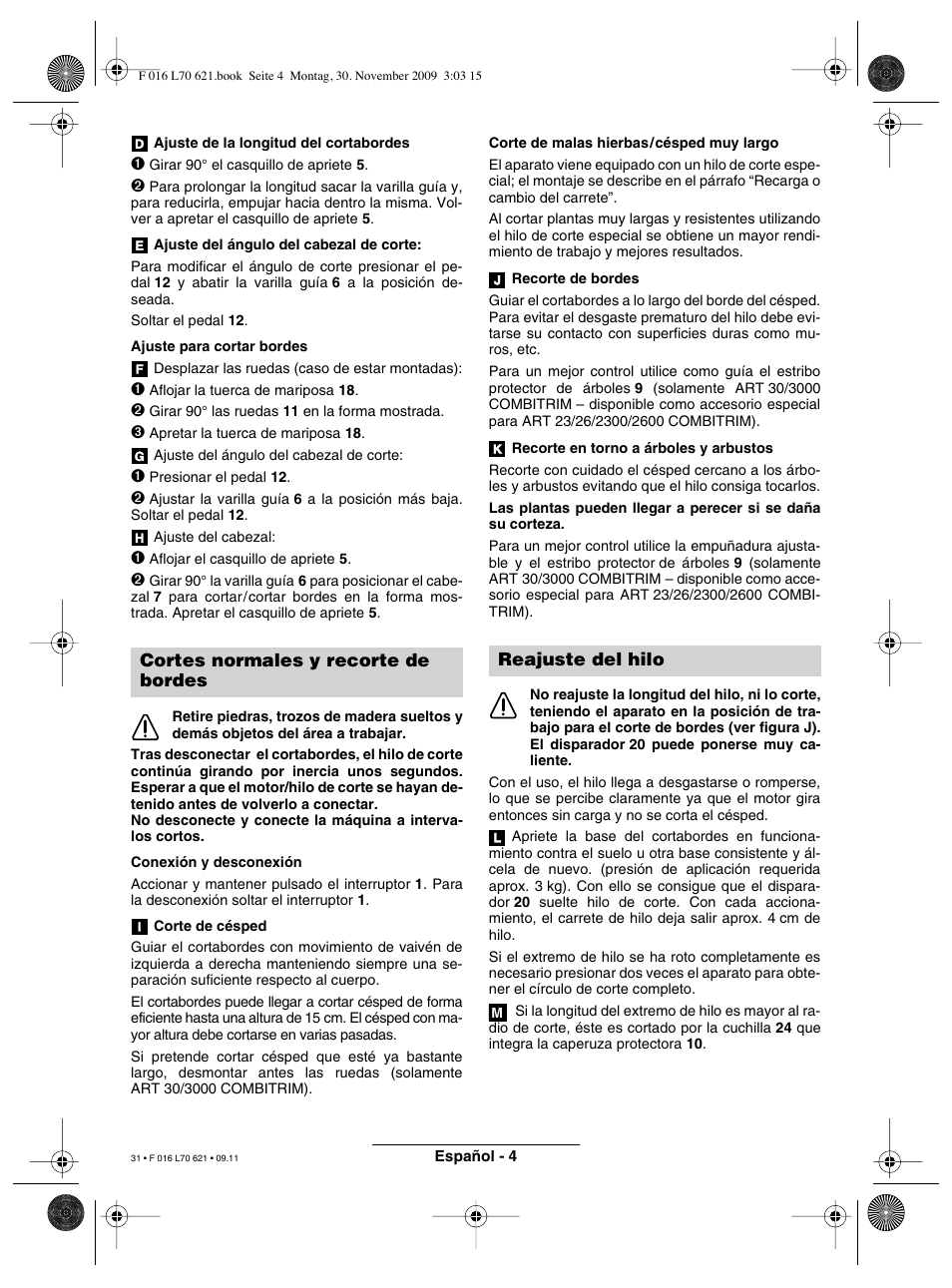 Cortes normales y recorte de bordes, Reajuste del hilo | Bosch ART 23 Combitrim User Manual | Page 31 / 194