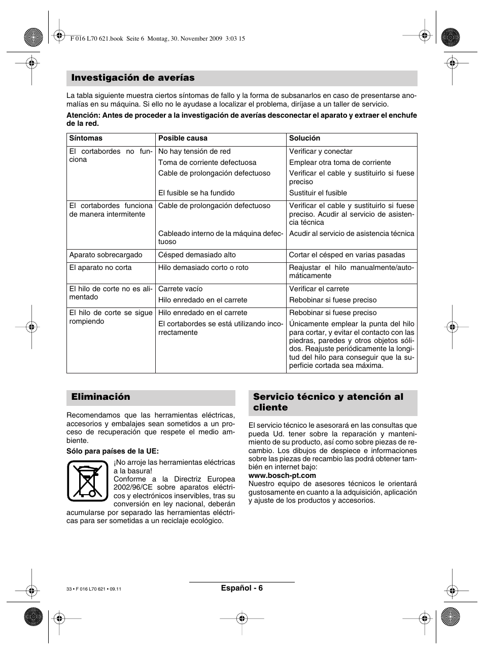 Investigación de averías, Eliminación servicio técnico y atención al cliente | Bosch ART 23 Combitrim User Manual | Page 33 / 194