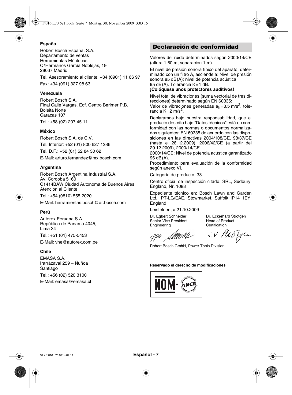 Declaración de conformidad, Español - 7 | Bosch ART 23 Combitrim User Manual | Page 34 / 194
