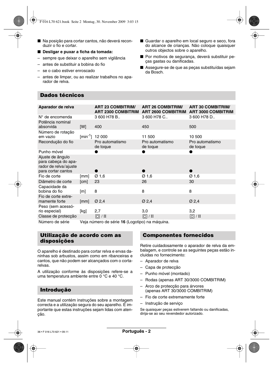 Dados técnicos | Bosch ART 23 Combitrim User Manual | Page 36 / 194