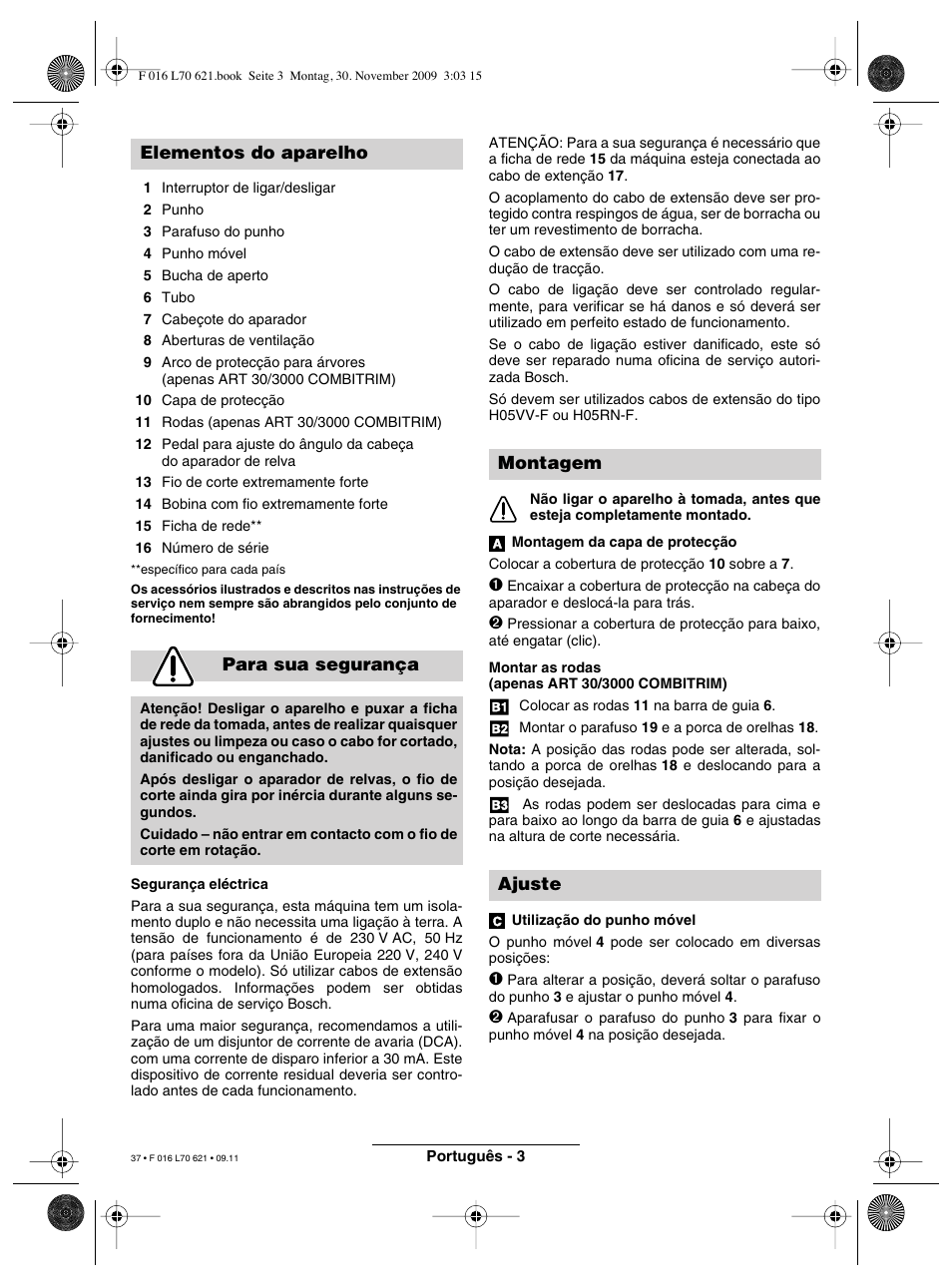 Elementos do aparelho para sua segurança, Montagem ajuste | Bosch ART 23 Combitrim User Manual | Page 37 / 194