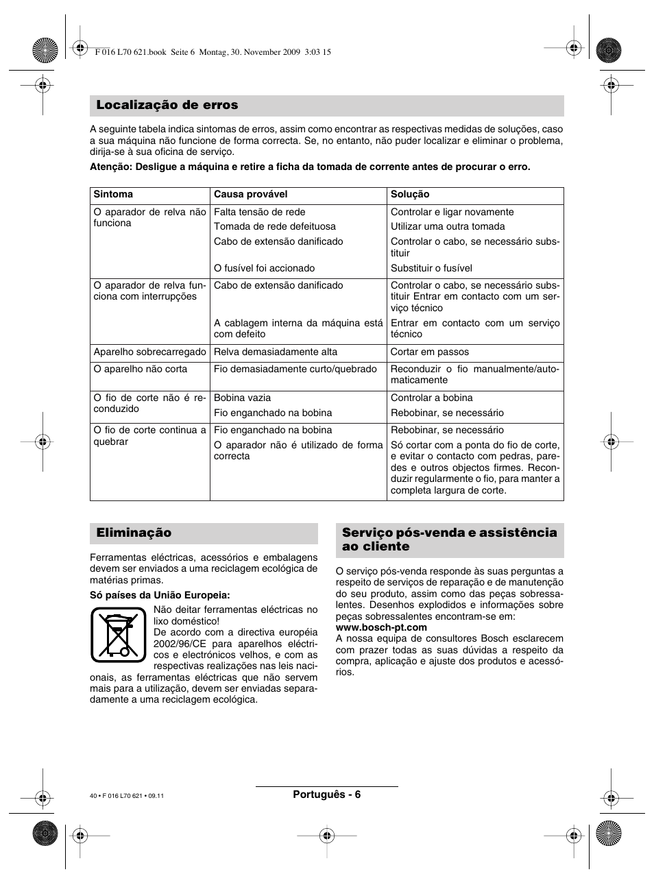 Localização de erros | Bosch ART 23 Combitrim User Manual | Page 40 / 194