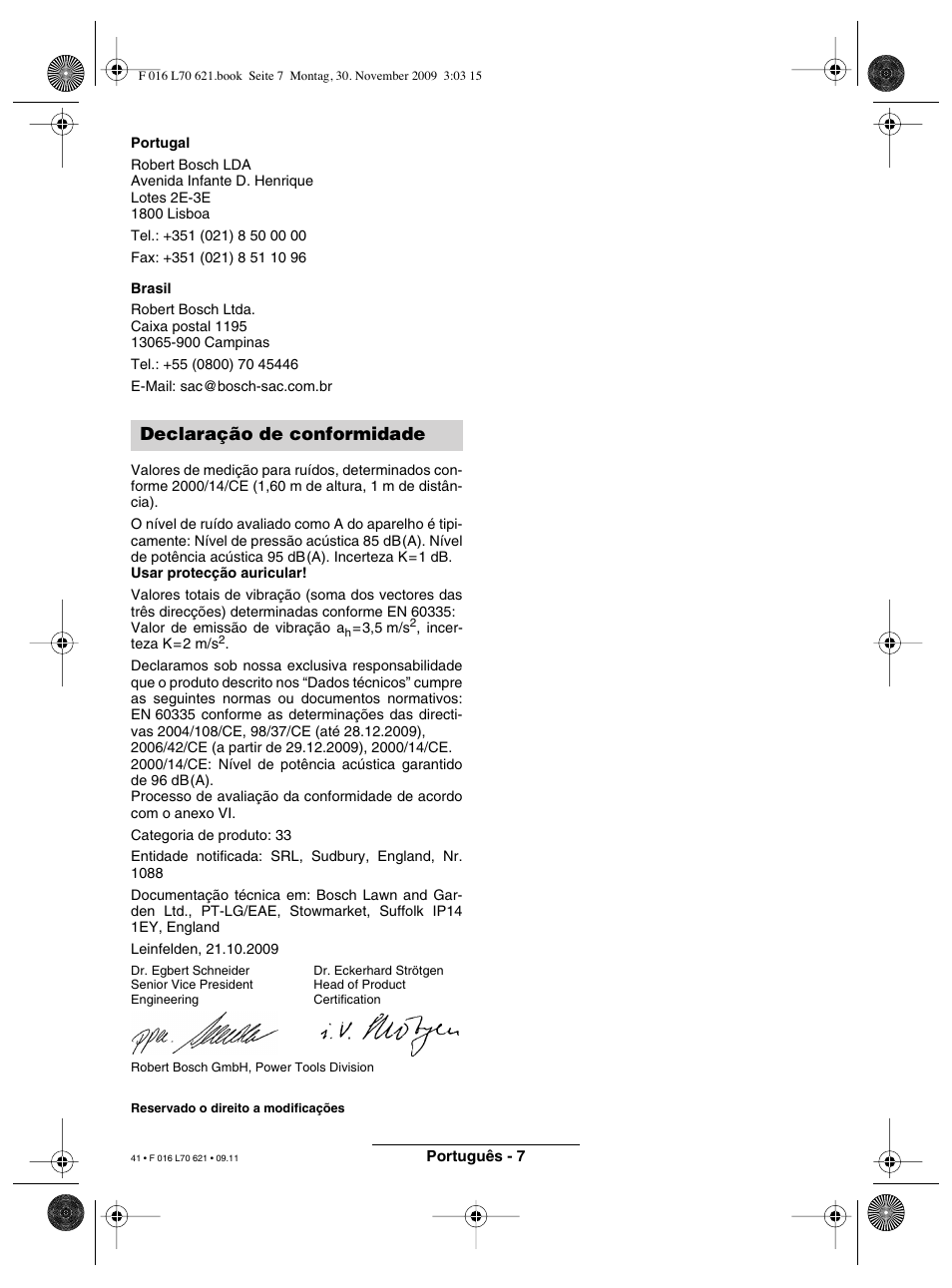 Declaração de conformidade | Bosch ART 23 Combitrim User Manual | Page 41 / 194