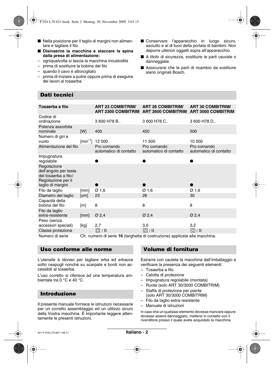 Dati tecnici | Bosch ART 23 Combitrim User Manual | Page 43 / 194