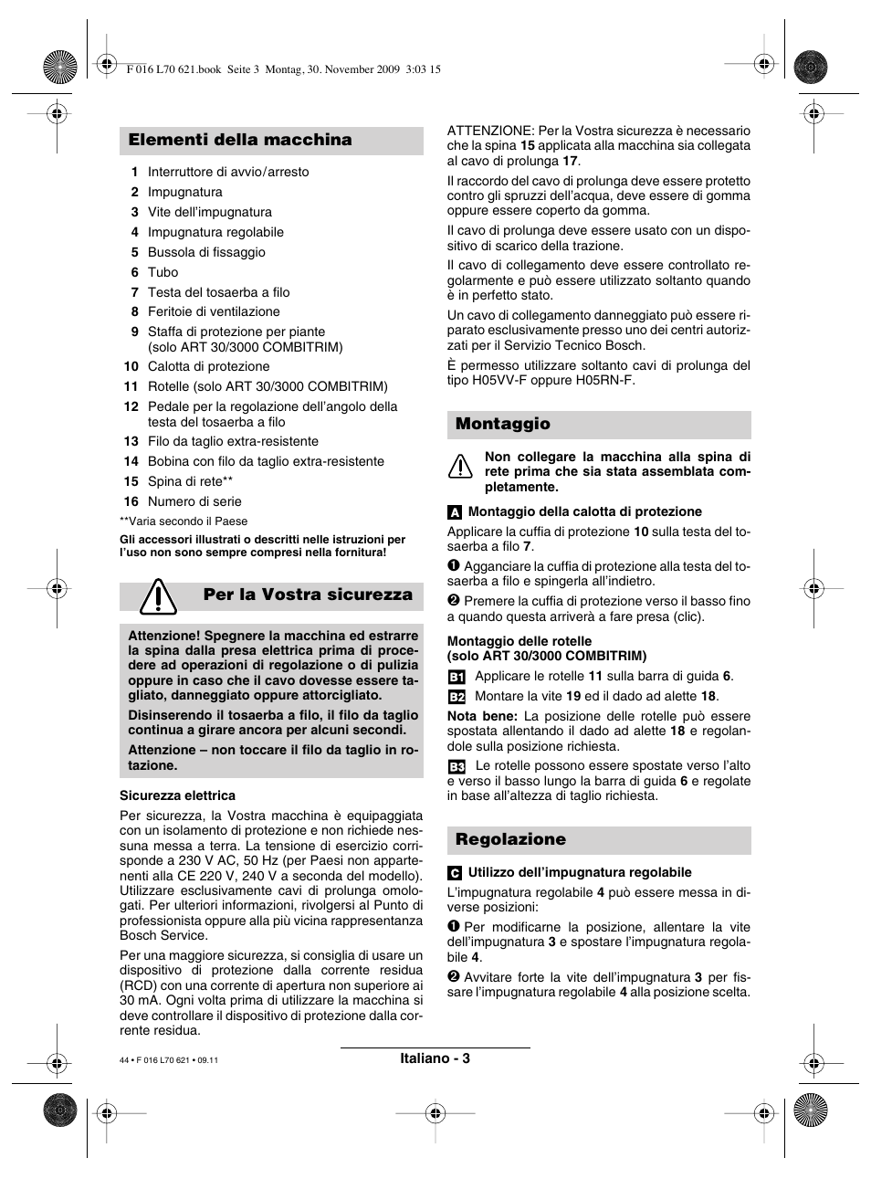 Elementi della macchina per la vostra sicurezza, Montaggio regolazione | Bosch ART 23 Combitrim User Manual | Page 44 / 194