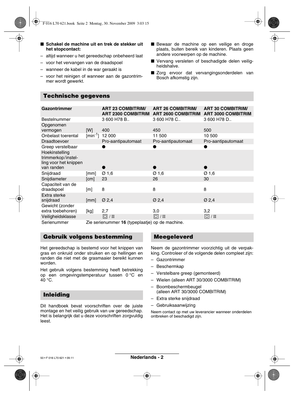 Technische gegevens, Gebruik volgens bestemming inleiding meegeleverd | Bosch ART 23 Combitrim User Manual | Page 50 / 194