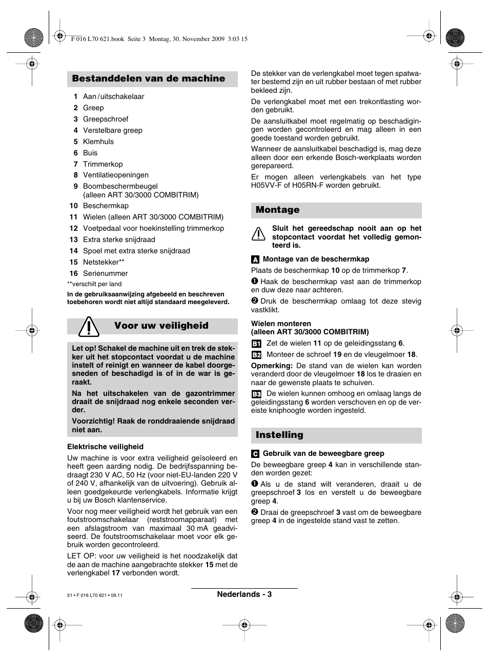 Bestanddelen van de machine voor uw veiligheid, Montage instelling | Bosch ART 23 Combitrim User Manual | Page 51 / 194