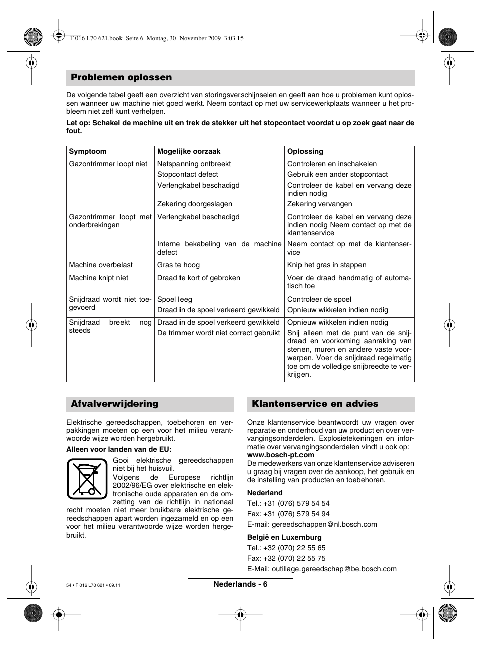 Problemen oplossen, Afvalverwijdering klantenservice en advies | Bosch ART 23 Combitrim User Manual | Page 54 / 194