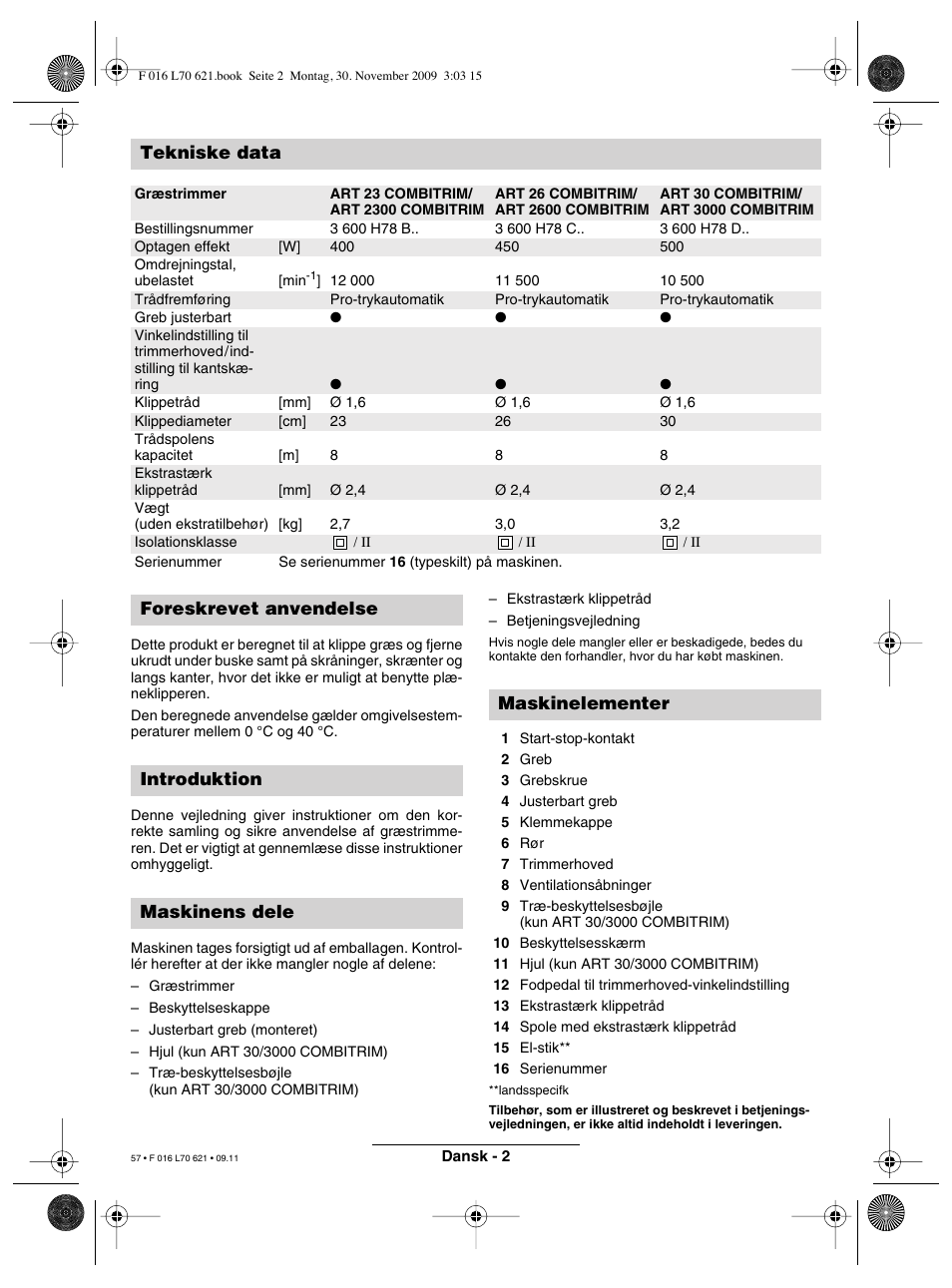 Tekniske data | Bosch ART 23 Combitrim User Manual | Page 57 / 194