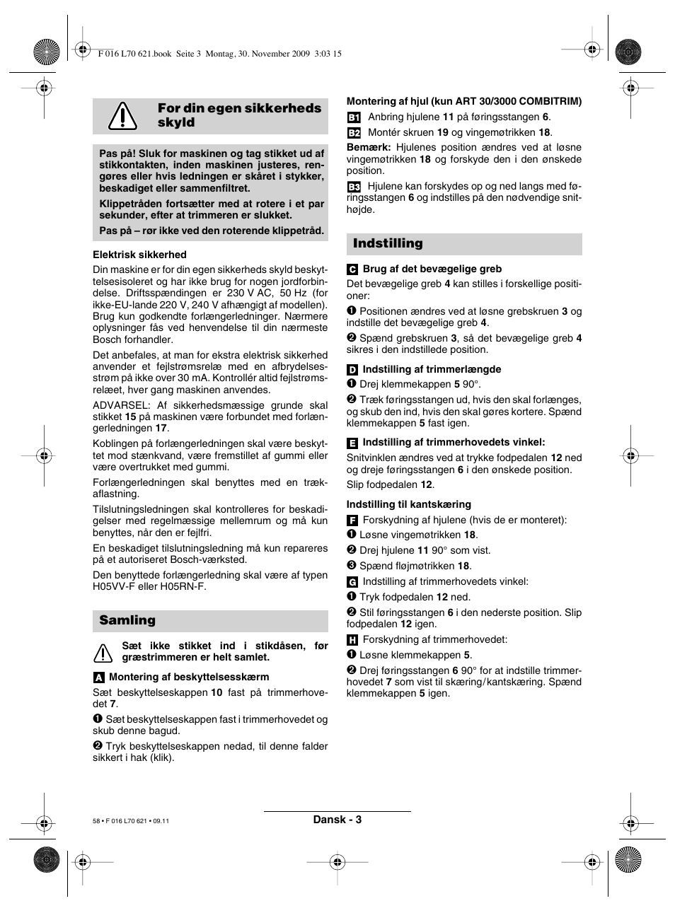 For din egen sikkerheds skyld, Samling, Indstilling | Bosch ART 23 Combitrim User Manual | Page 58 / 194