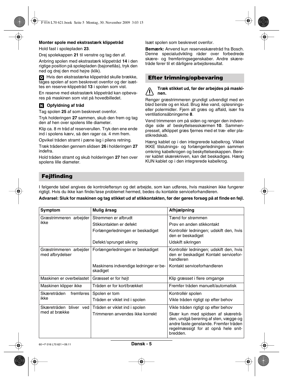 Efter trimning/opbevaring fejlfinding | Bosch ART 23 Combitrim User Manual | Page 60 / 194