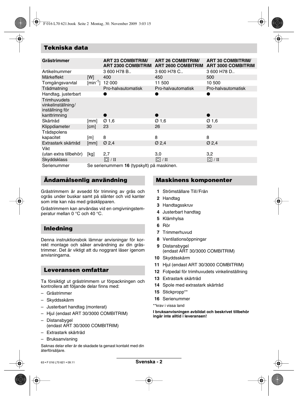 Tekniska data | Bosch ART 23 Combitrim User Manual | Page 63 / 194