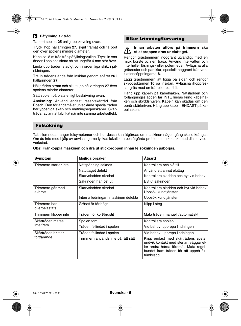 Efter trimning/förvaring felsökning | Bosch ART 23 Combitrim User Manual | Page 66 / 194