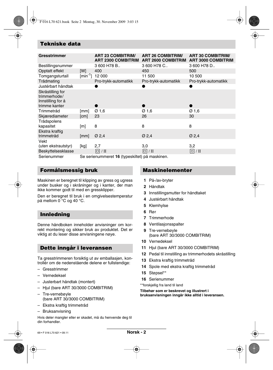 Tekniske data | Bosch ART 23 Combitrim User Manual | Page 69 / 194
