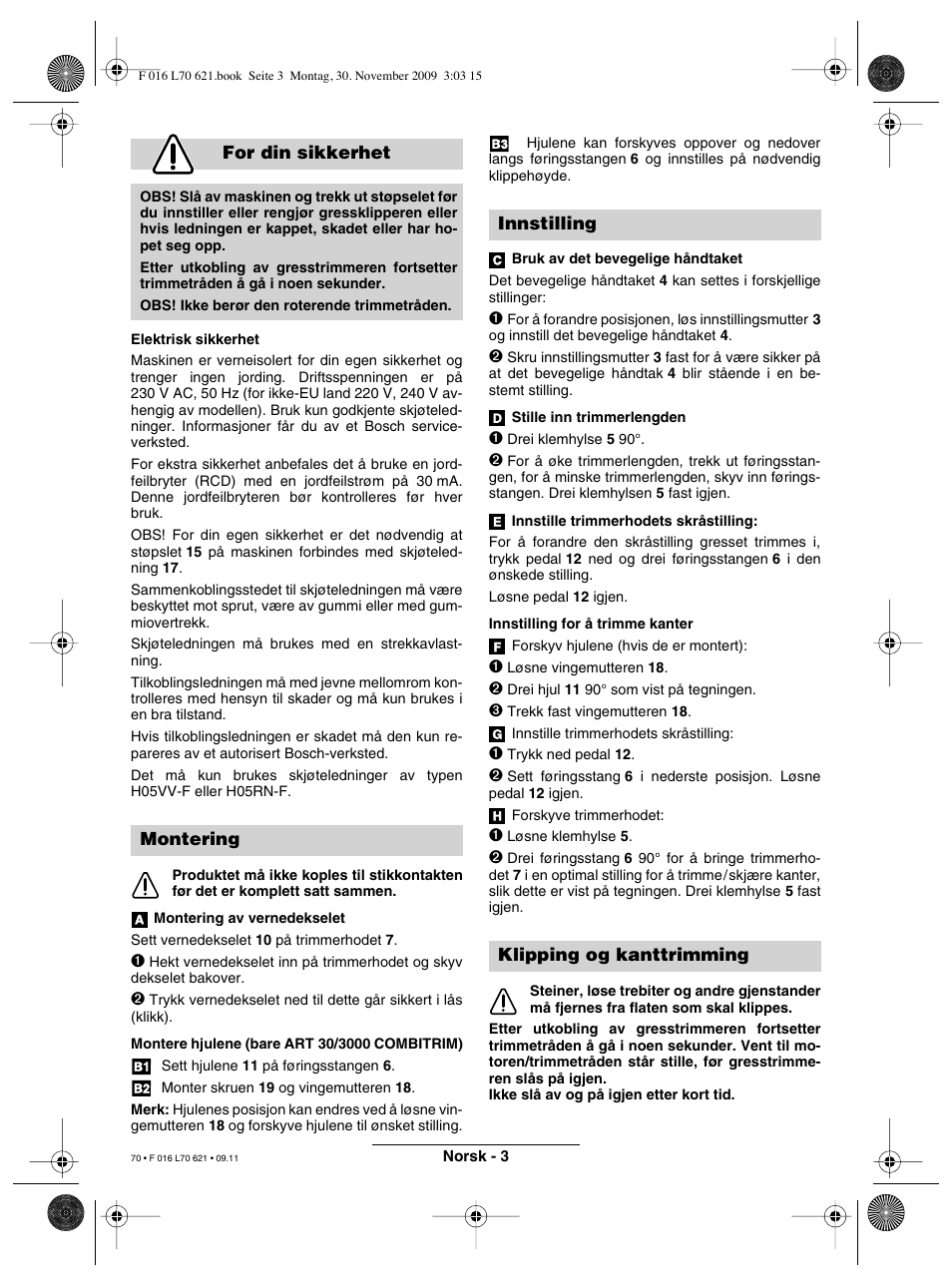 For din sikkerhet, Montering, Innstilling klipping og kanttrimming | Bosch ART 23 Combitrim User Manual | Page 70 / 194