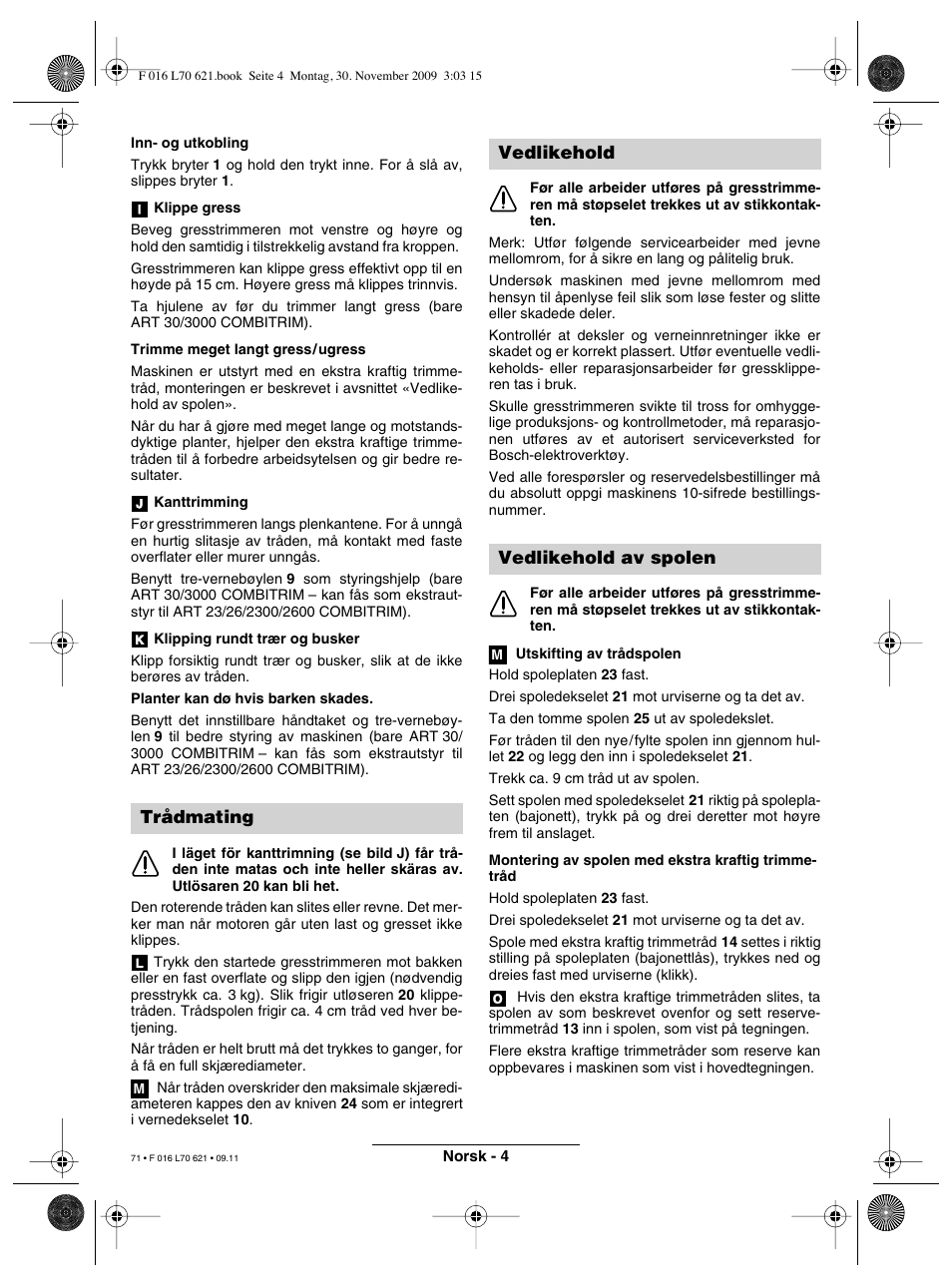 Trådmating, Vedlikehold vedlikehold av spolen | Bosch ART 23 Combitrim User Manual | Page 71 / 194