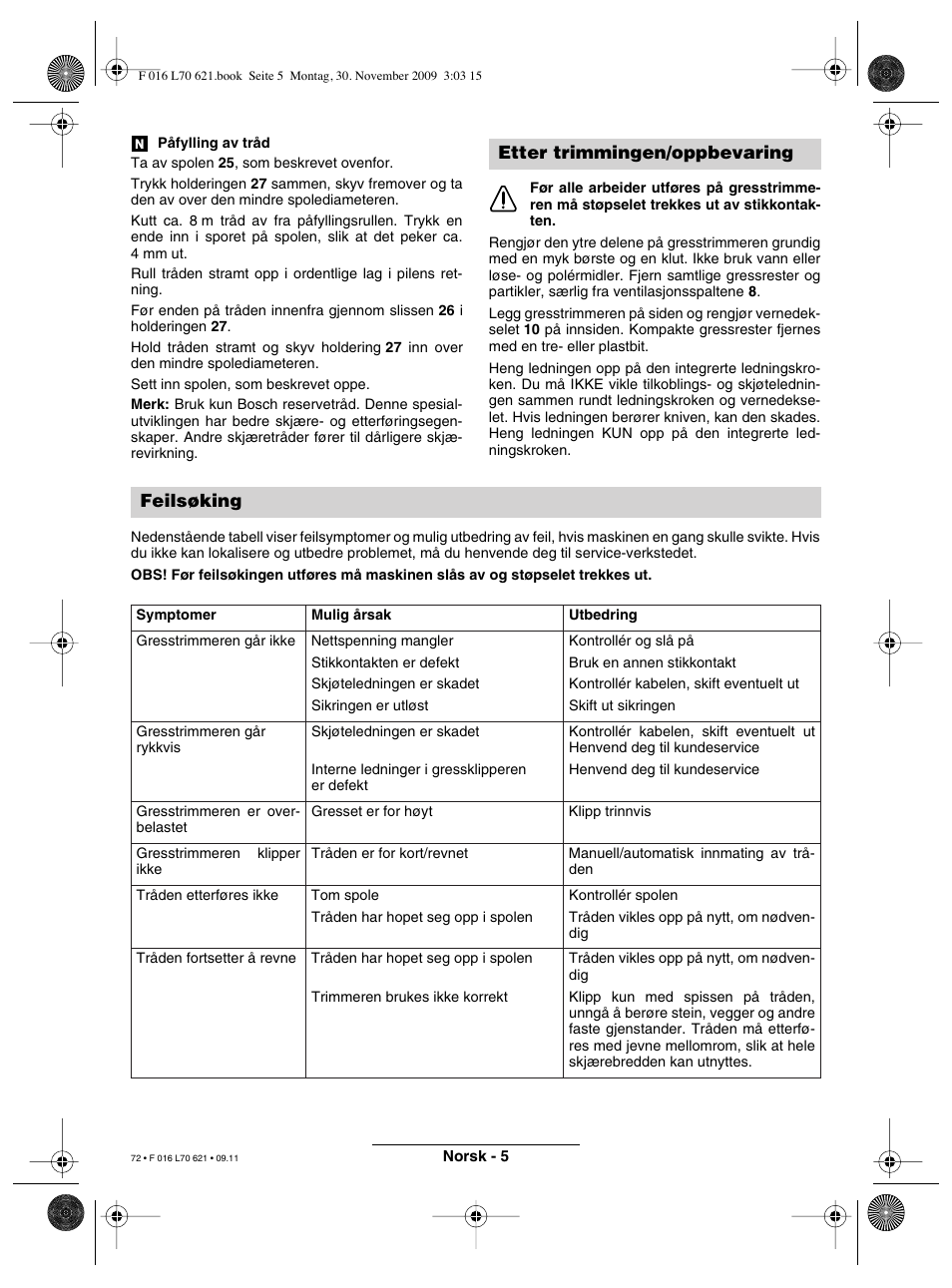 Etter trimmingen/oppbevaring feilsøking | Bosch ART 23 Combitrim User Manual | Page 72 / 194