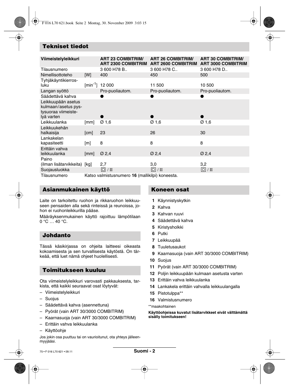 Tekniset tiedot | Bosch ART 23 Combitrim User Manual | Page 75 / 194