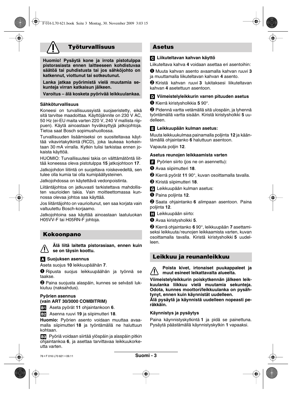 Työturvallisuus, Kokoonpano, Asetus leikkuu ja reunanleikkuu | Bosch ART 23 Combitrim User Manual | Page 76 / 194