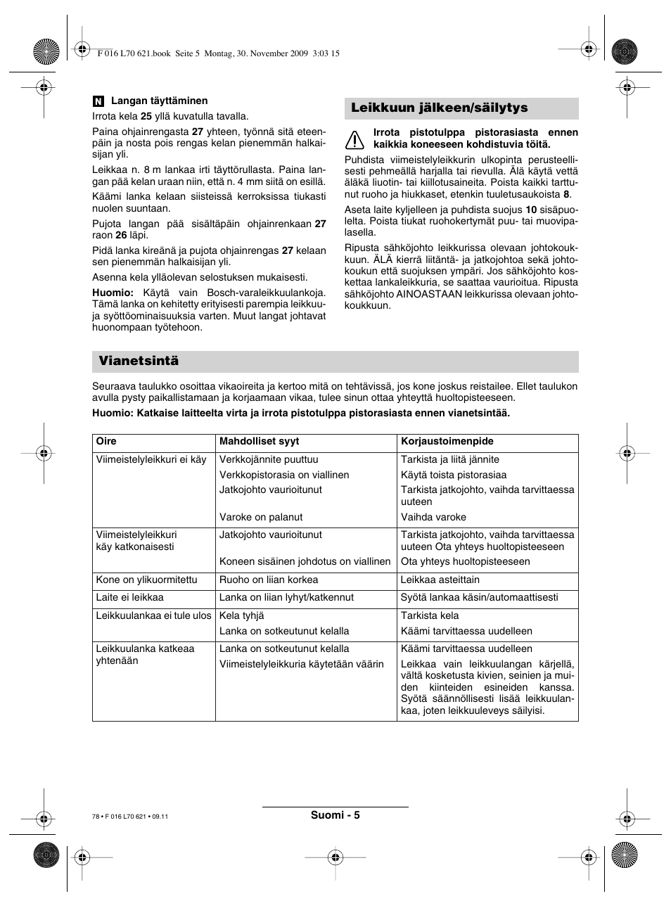 Leikkuun jälkeen/säilytys vianetsintä | Bosch ART 23 Combitrim User Manual | Page 78 / 194