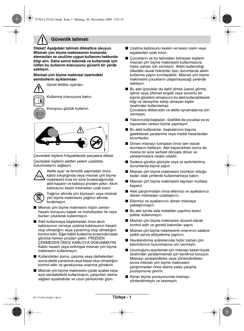 Güvenlik talimat | Bosch ART 23 Combitrim User Manual | Page 87 / 194