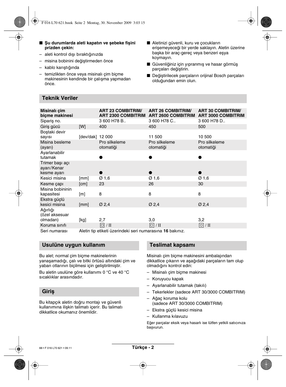 Teknik veriler, Usulüne uygun kullan∂m giriµ teslimat kapsam | Bosch ART 23 Combitrim User Manual | Page 88 / 194