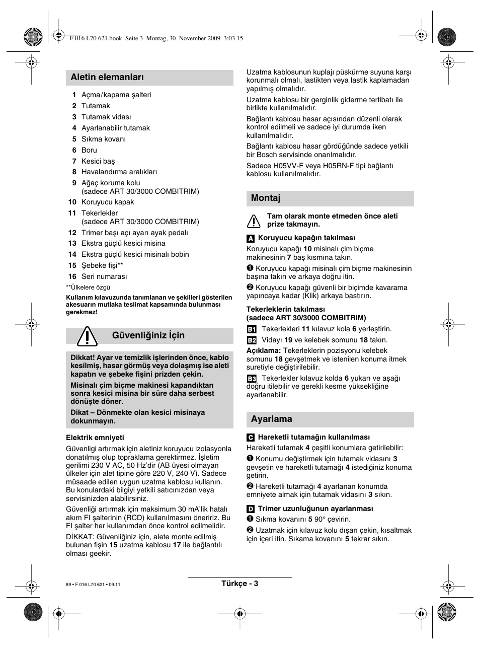 Aletin elemanlar∂ güvenliπiniz ∑çin, Montaj ayarlama | Bosch ART 23 Combitrim User Manual | Page 89 / 194