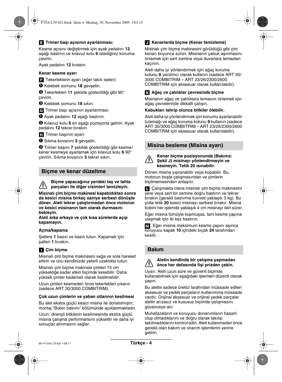 Biçme ve kenar düzeltme, Misina besleme (misina ayar∂) bak∂m | Bosch ART 23 Combitrim User Manual | Page 90 / 194