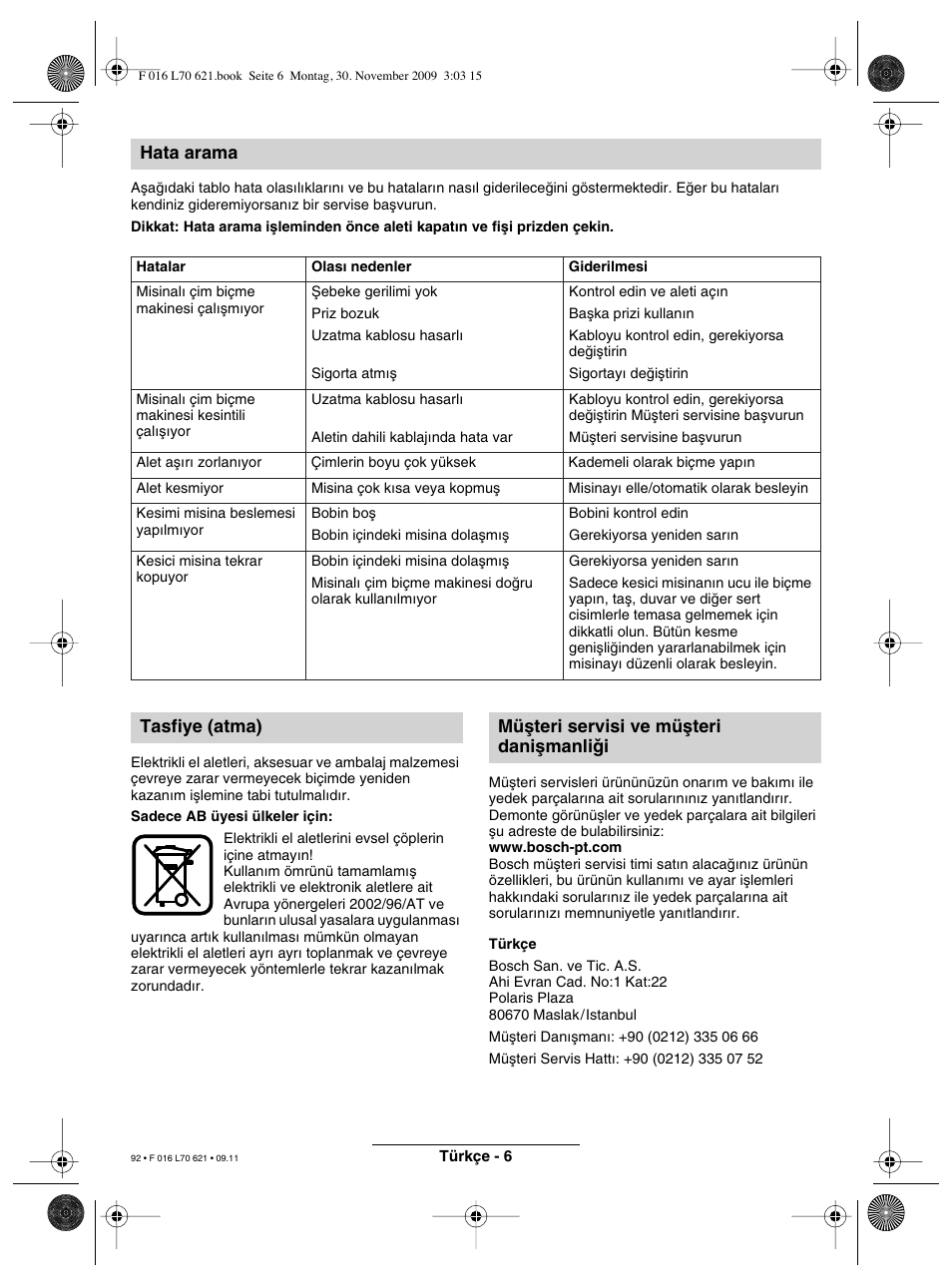 Hata arama | Bosch ART 23 Combitrim User Manual | Page 92 / 194