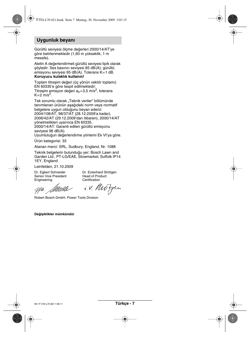 Uygunluk beyan | Bosch ART 23 Combitrim User Manual | Page 93 / 194