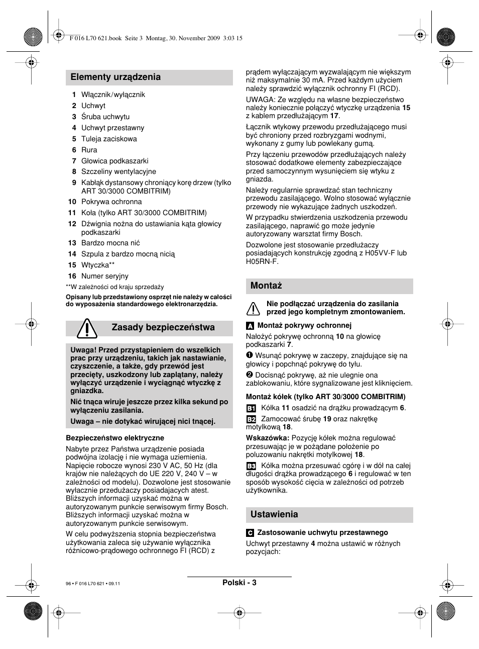 Elementy urzådzenia zasady bezpieczeµstwa, Monta† ustawienia | Bosch ART 23 Combitrim User Manual | Page 96 / 194