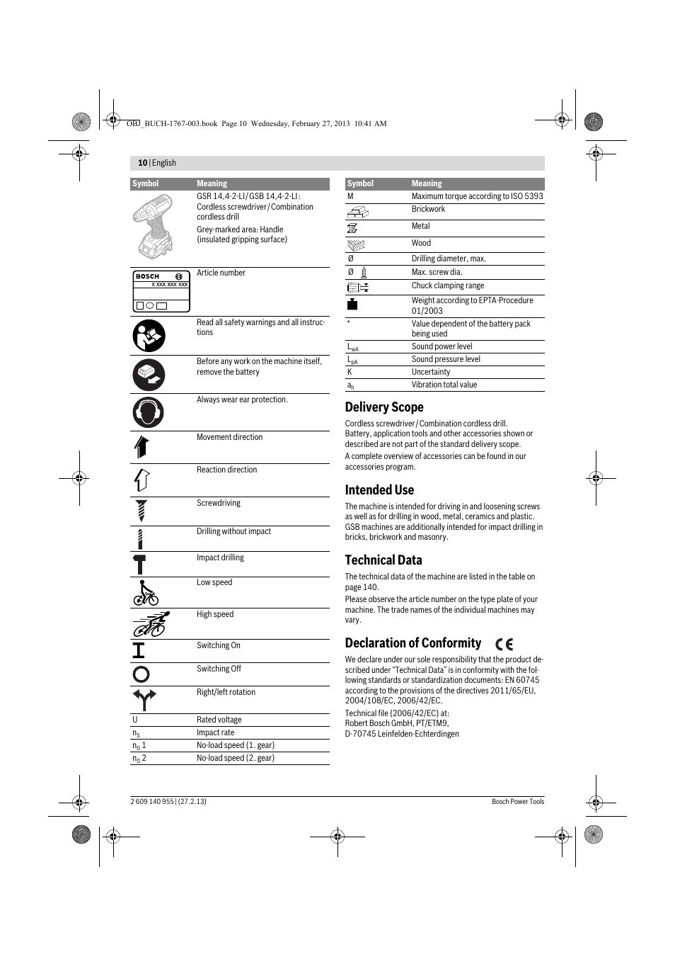 Delivery scope, Intended use, Technical data | Declaration of conformity | Bosch GSB 14,4-2-LI Professional User Manual | Page 10 / 145