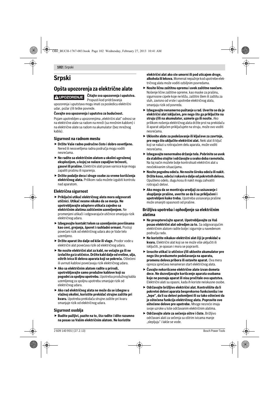 Srpski, Opšta upozorenja za električne alate | Bosch GSB 14,4-2-LI Professional User Manual | Page 102 / 145