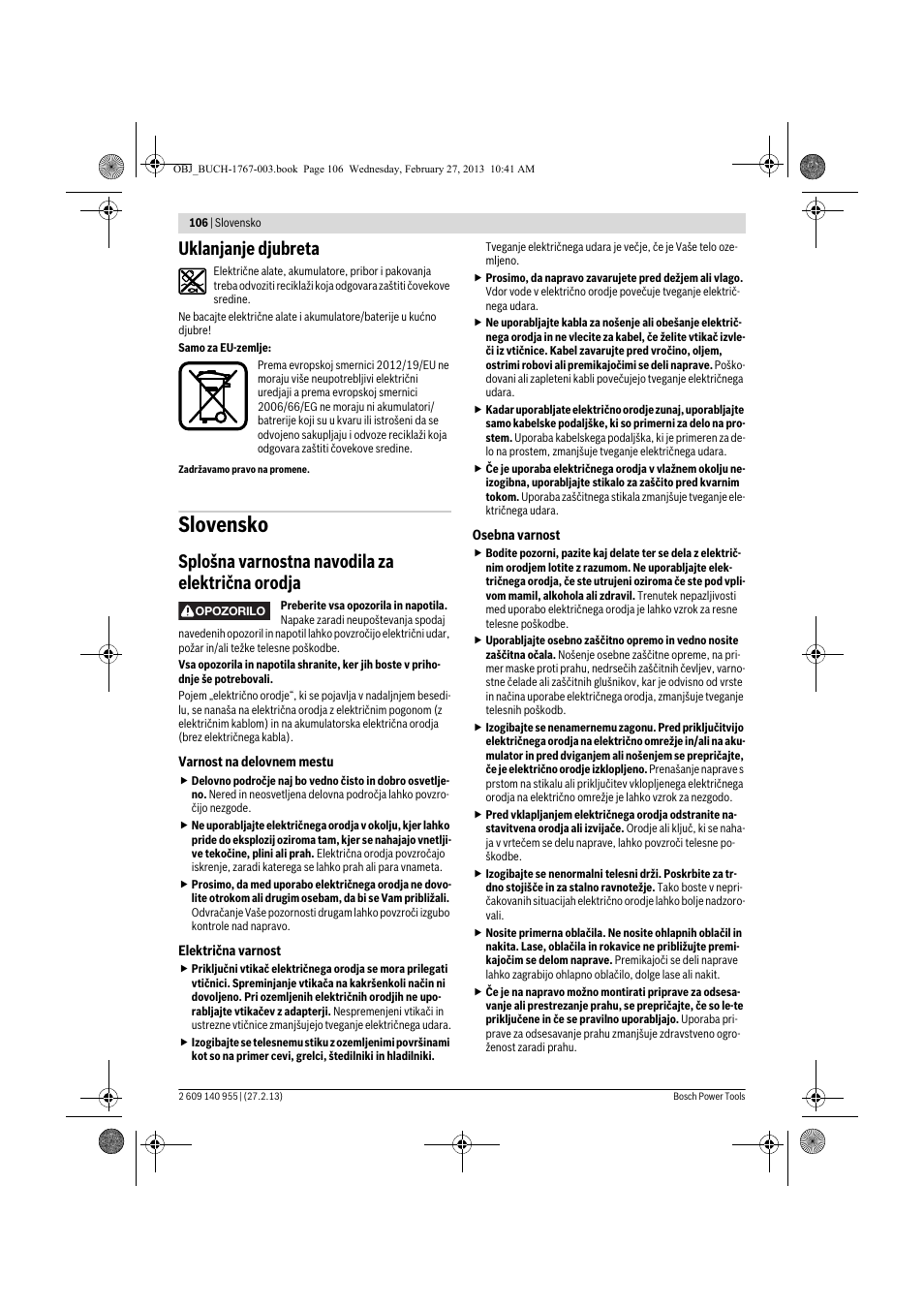 Slovensko, Uklanjanje djubreta, Splošna varnostna navodila za električna orodja | Bosch GSB 14,4-2-LI Professional User Manual | Page 106 / 145