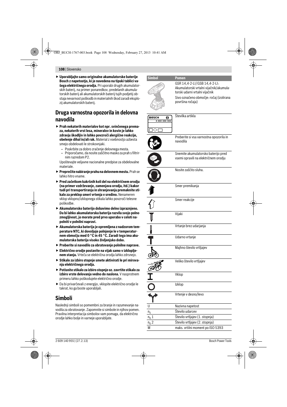 Druga varnostna opozorila in delovna navodila, Simboli | Bosch GSB 14,4-2-LI Professional User Manual | Page 108 / 145