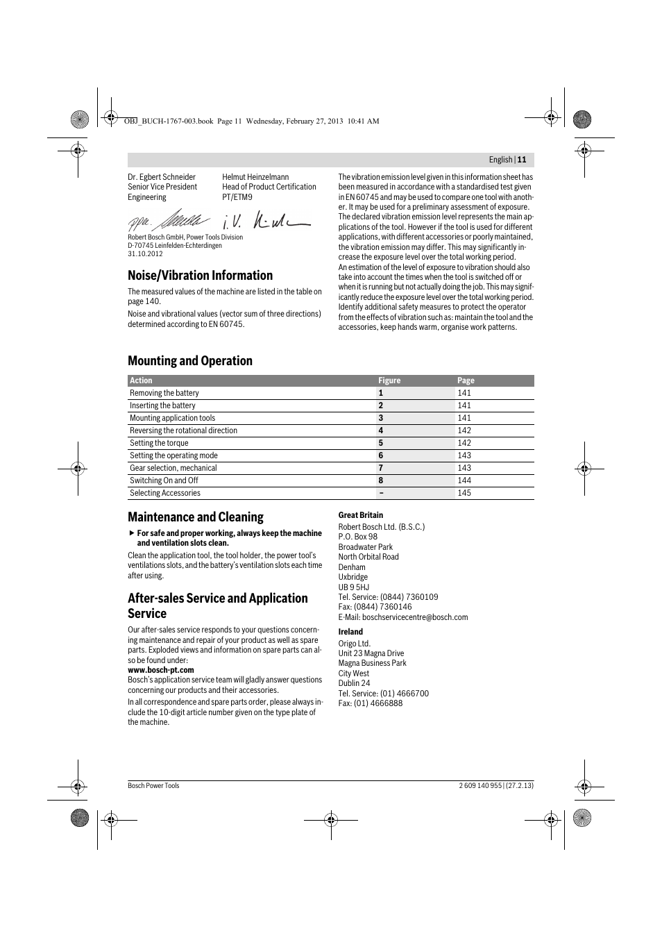 Noise/vibration information, Mounting and operation maintenance and cleaning, After-sales service and application service | Bosch GSB 14,4-2-LI Professional User Manual | Page 11 / 145