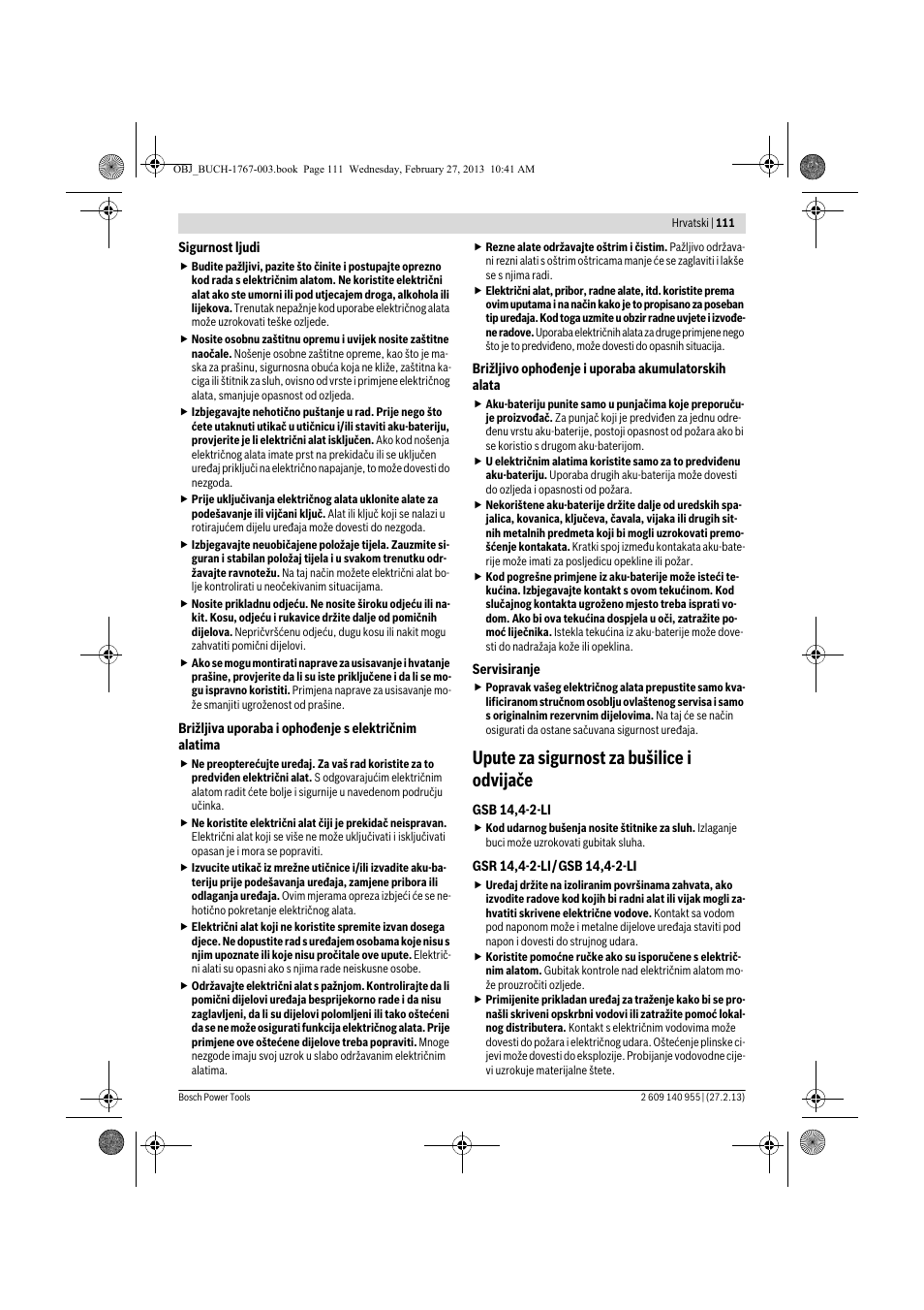 Upute za sigurnost za bušilice i odvijače | Bosch GSB 14,4-2-LI Professional User Manual | Page 111 / 145