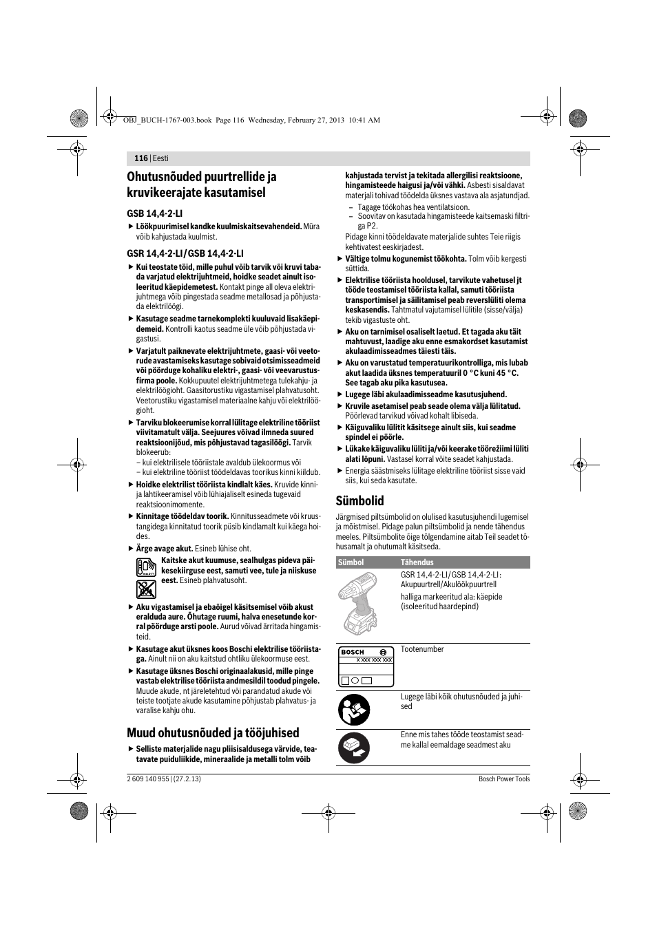 Muud ohutusnõuded ja tööjuhised, Sümbolid | Bosch GSB 14,4-2-LI Professional User Manual | Page 116 / 145