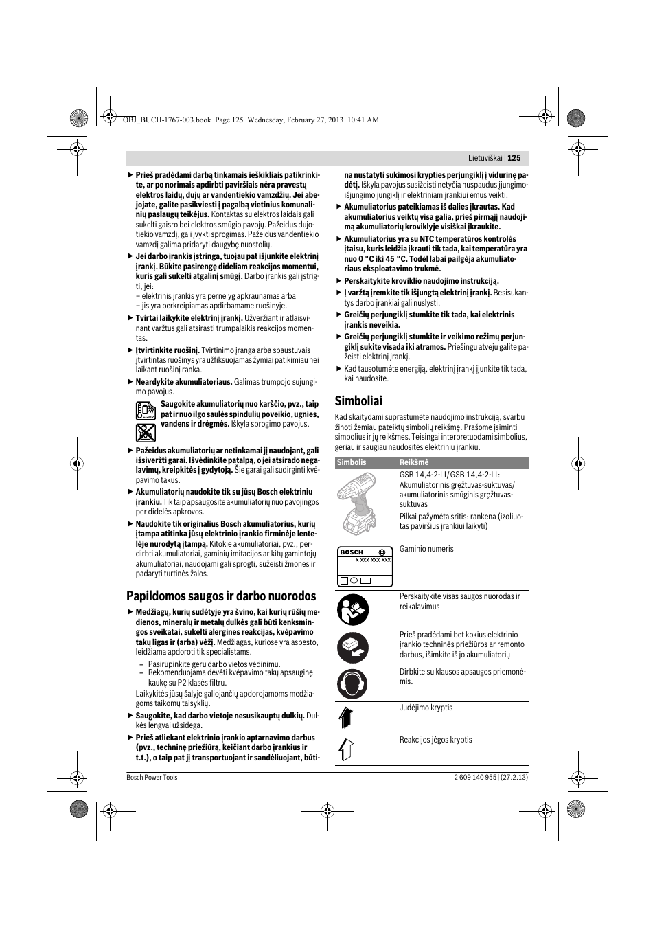 Papildomos saugos ir darbo nuorodos, Simboliai | Bosch GSB 14,4-2-LI Professional User Manual | Page 125 / 145