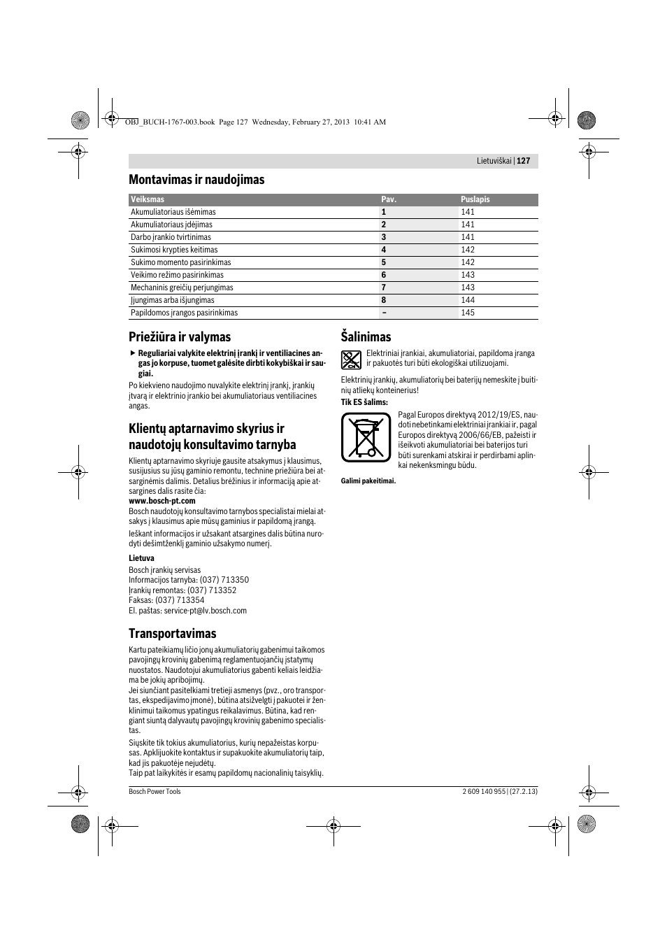 Montavimas ir naudojimas priežiūra ir valymas, Transportavimas, Šalinimas | Bosch GSB 14,4-2-LI Professional User Manual | Page 127 / 145