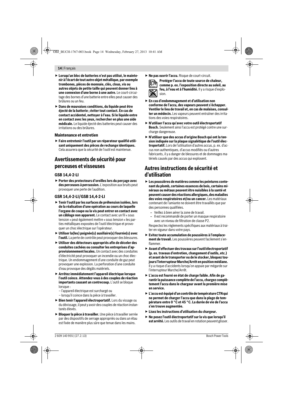 Autres instructions de sécurité et d’utilisation | Bosch GSB 14,4-2-LI Professional User Manual | Page 14 / 145