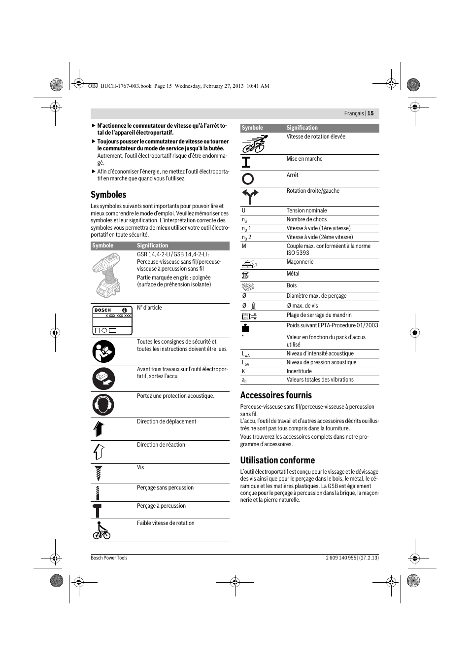 Symboles, Accessoires fournis, Utilisation conforme | Bosch GSB 14,4-2-LI Professional User Manual | Page 15 / 145