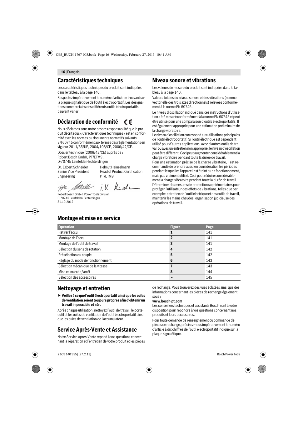 Caractéristiques techniques, Déclaration de conformité, Niveau sonore et vibrations | Montage et mise en service nettoyage et entretien, Service après-vente et assistance | Bosch GSB 14,4-2-LI Professional User Manual | Page 16 / 145