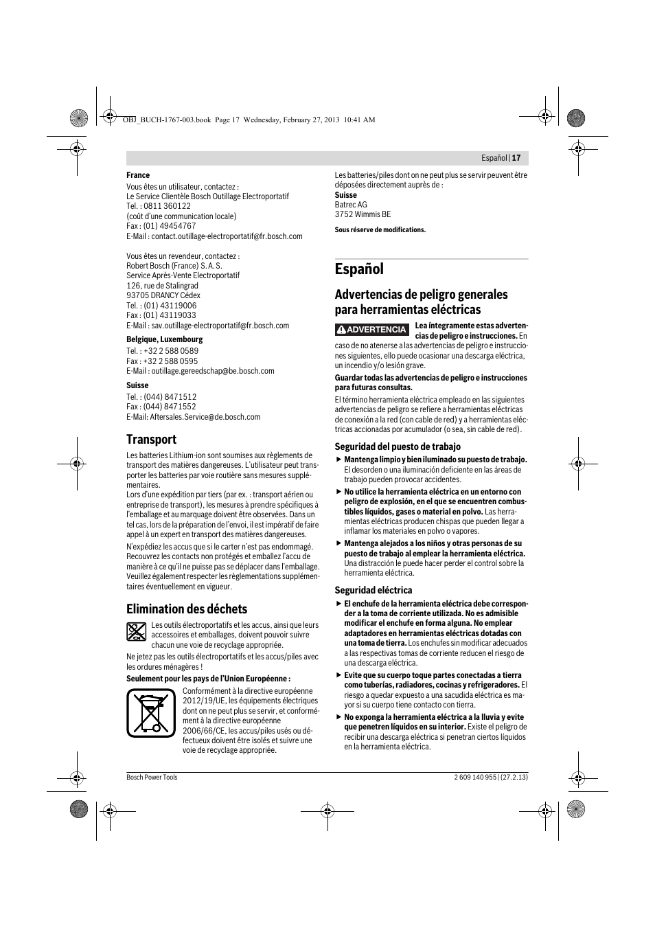 Español, Transport, Elimination des déchets | Bosch GSB 14,4-2-LI Professional User Manual | Page 17 / 145