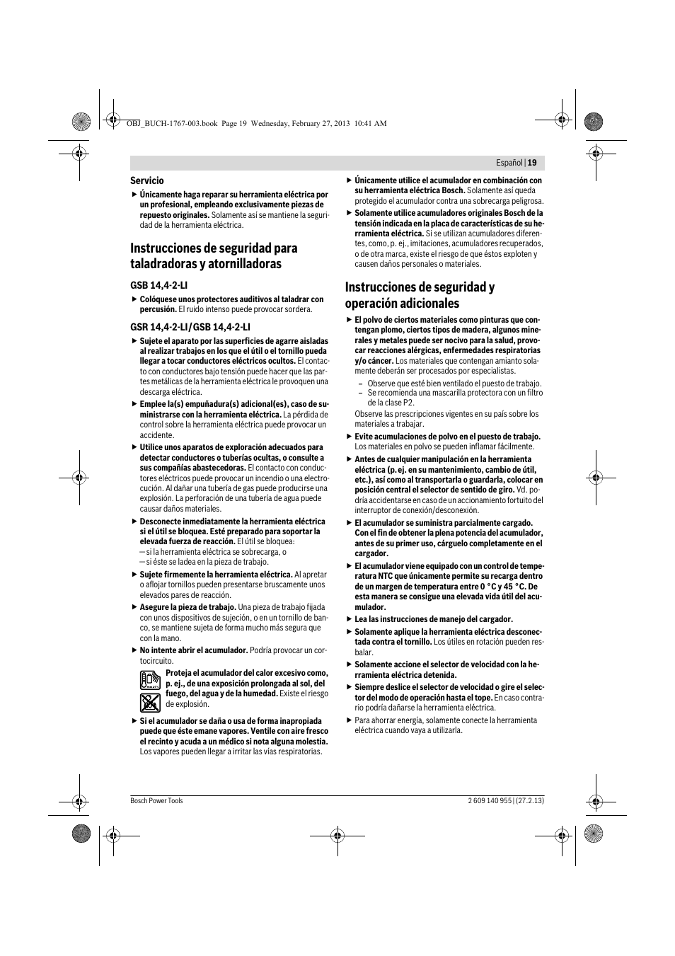 Instrucciones de seguridad y operación adicionales | Bosch GSB 14,4-2-LI Professional User Manual | Page 19 / 145