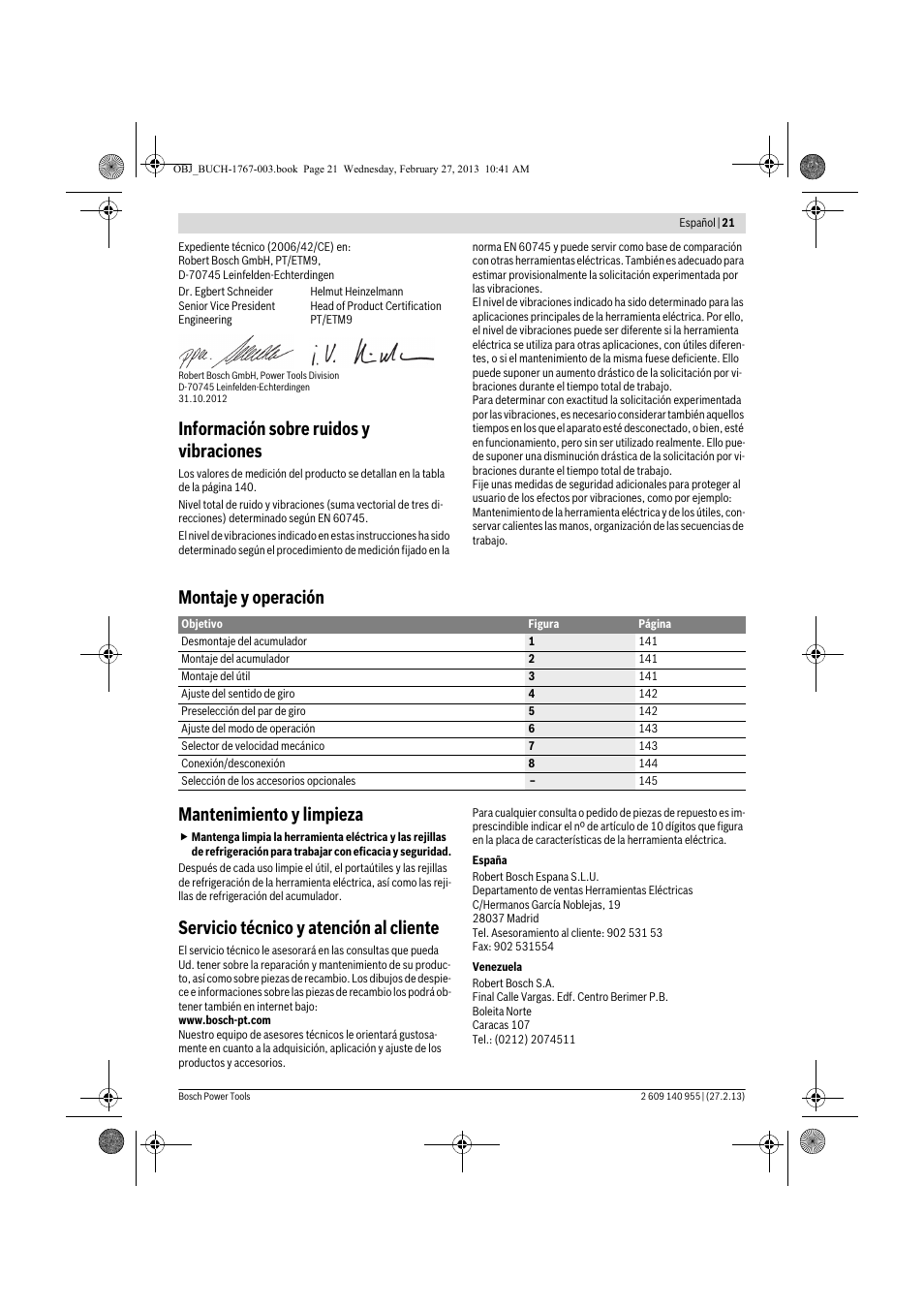 Información sobre ruidos y vibraciones, Montaje y operación mantenimiento y limpieza, Servicio técnico y atención al cliente | Bosch GSB 14,4-2-LI Professional User Manual | Page 21 / 145