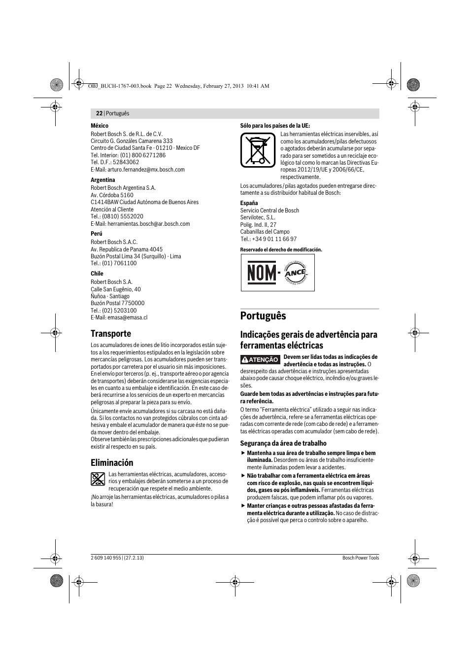 Português, Transporte, Eliminación | Bosch GSB 14,4-2-LI Professional User Manual | Page 22 / 145